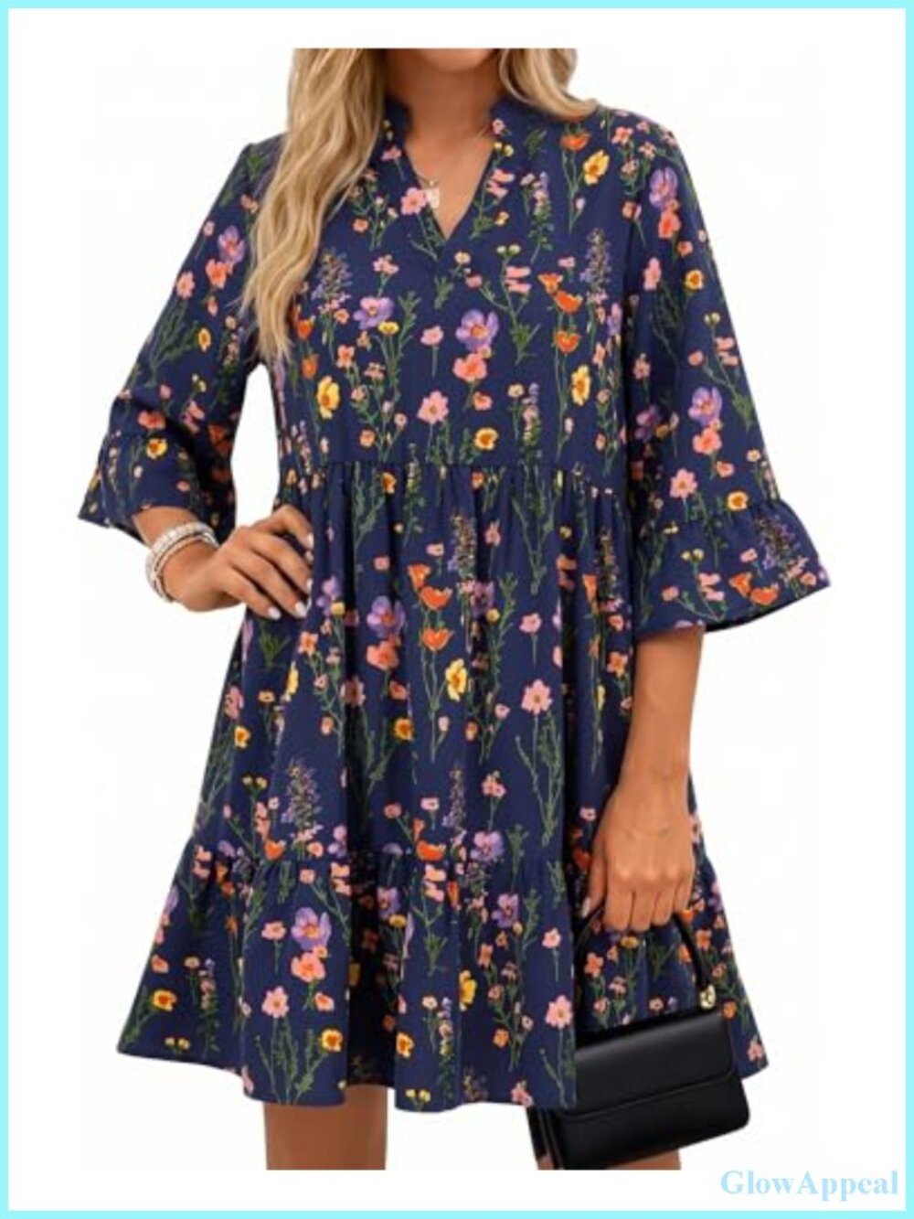 Flowy V-Neck 3/4 Sleeve A-Line Mini Dress with Pockets